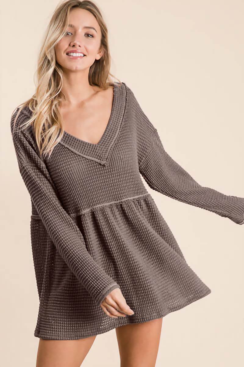 BiBi Waffle Knit V-Neck Babydoll Blouse - Fit4Goals.com