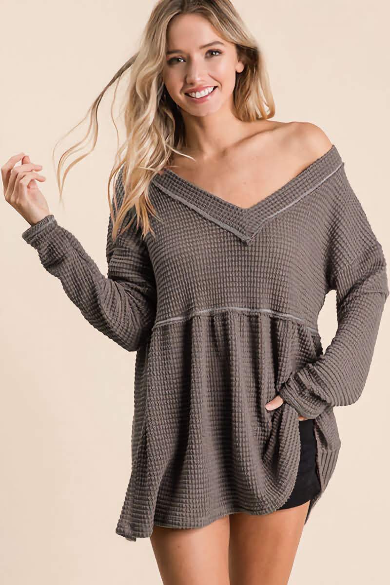 BiBi Waffle Knit V-Neck Babydoll Blouse - Fit4Goals.com