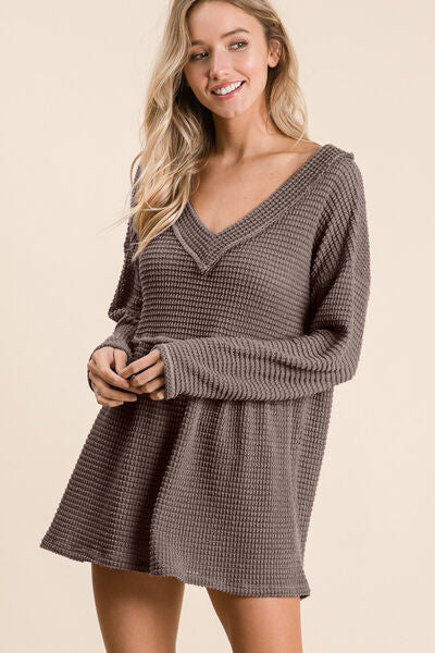 BiBi Waffle Knit V-Neck Babydoll Blouse - Fit4Goals.com