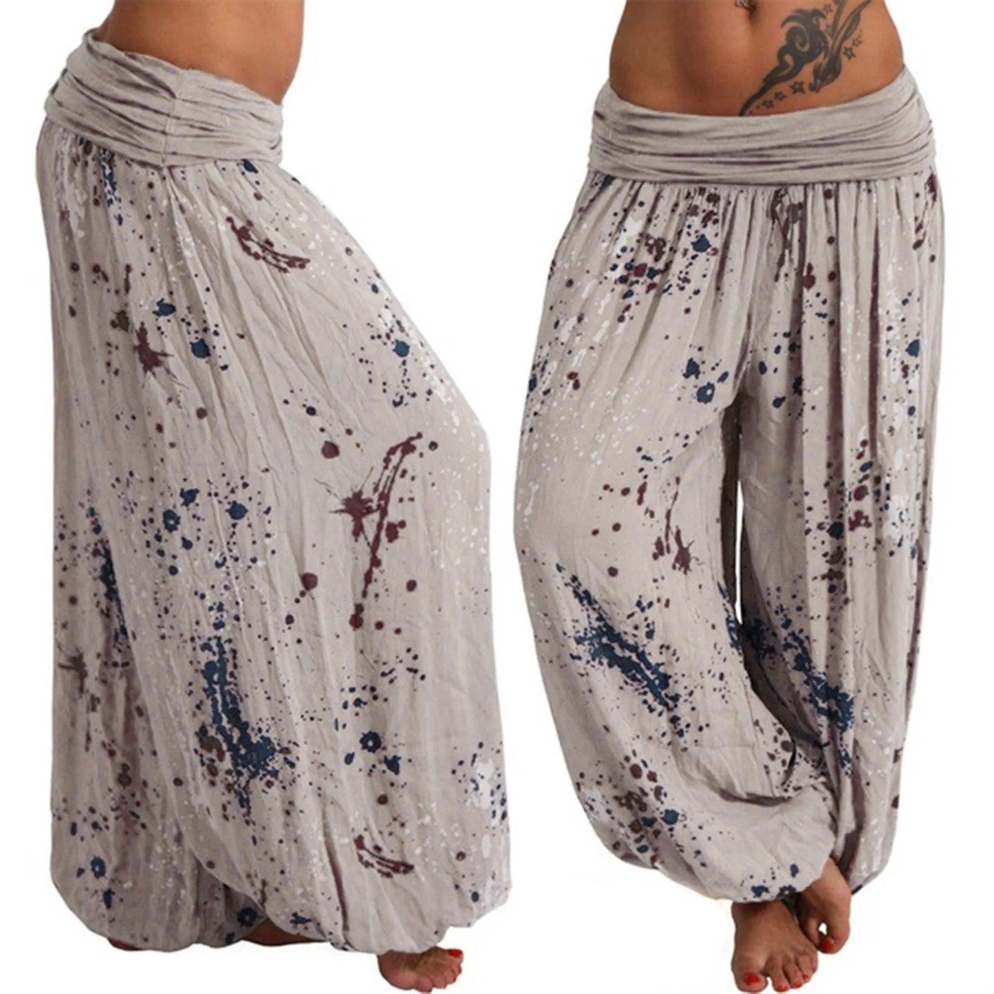 New Boho Wide Leg Pants Women Fashion Women Pant Casual Floral Printing Loose Pant Vintage Pilates Elastic Waist Trouser - Khaki - women's bottom