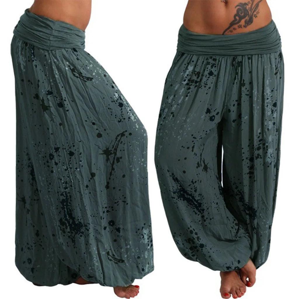 New Boho Wide Leg Pants Women Fashion Women Pant Casual Floral Printing Loose Pant Vintage Pilates Elastic Waist Trouser - Army Green - women's bottom