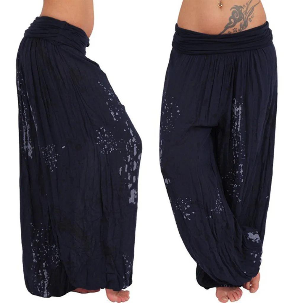New Boho Wide Leg Pants Women Fashion Women Pant Casual Floral Printing Loose Pant Vintage Pilates Elastic Waist Trouser - Navy - women's bottom