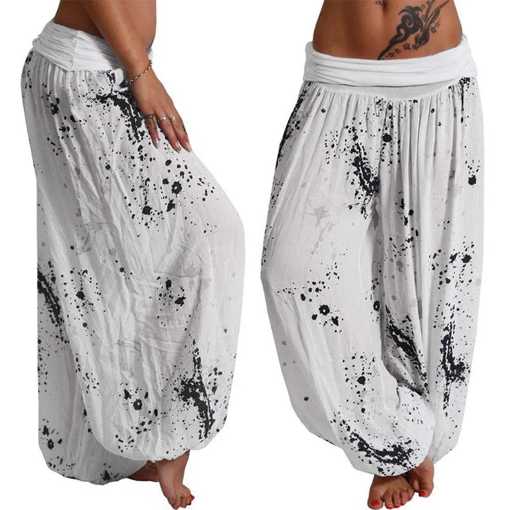 New Boho Wide Leg Pants Women Fashion Women Pant Casual Floral Printing Loose Pant Vintage Pilates Elastic Waist Trouser - White - women's bottom