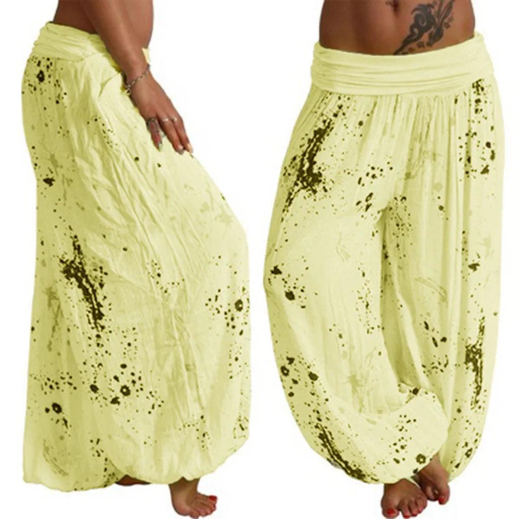 New Boho Wide Leg Pants Women Fashion Women Pant Casual Floral Printing Loose Pant Vintage Pilates Elastic Waist Trouser - Yellow - women's bottom