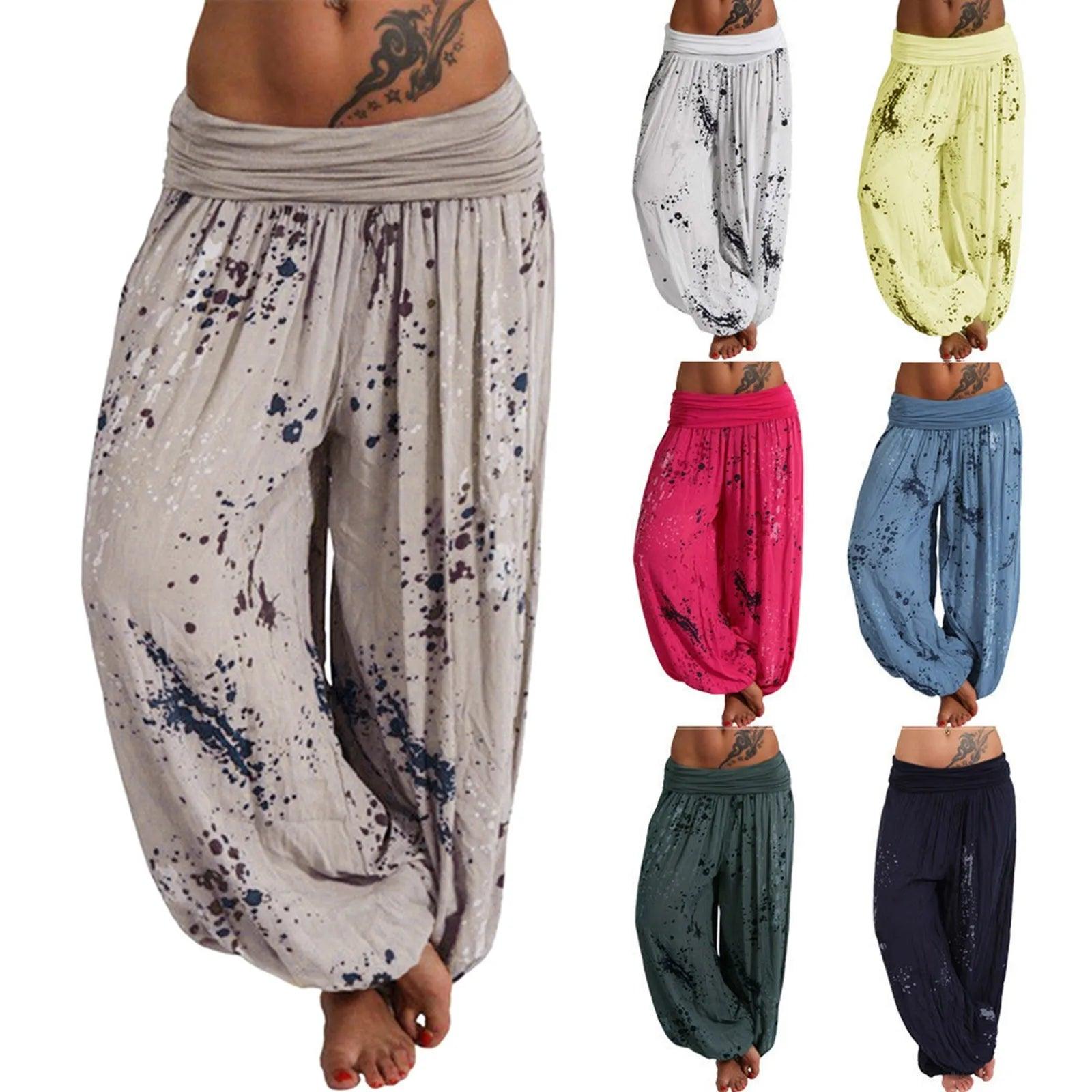 New Boho Wide Leg Pants Women Fashion Women Pant Casual Floral Printing Loose Pant Vintage Pilates Elastic Waist Trouser - - women's bottom