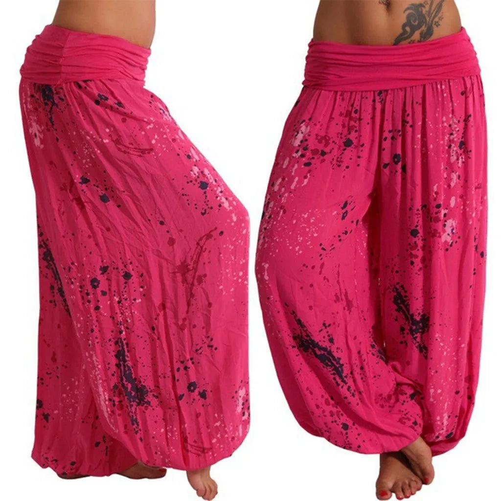 New Boho Wide Leg Pants Women Fashion Women Pant Casual Floral Printing Loose Pant Vintage Pilates Elastic Waist Trouser - - women's bottom
