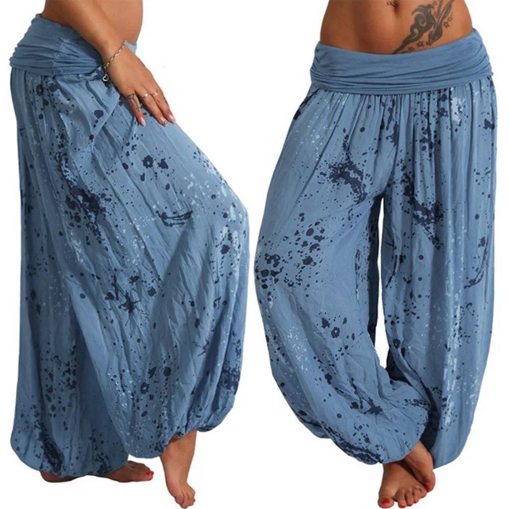 New Boho Wide Leg Pants Women Fashion Women Pant Casual Floral Printing Loose Pant Vintage Pilates Elastic Waist Trouser - Blue - women's bottom