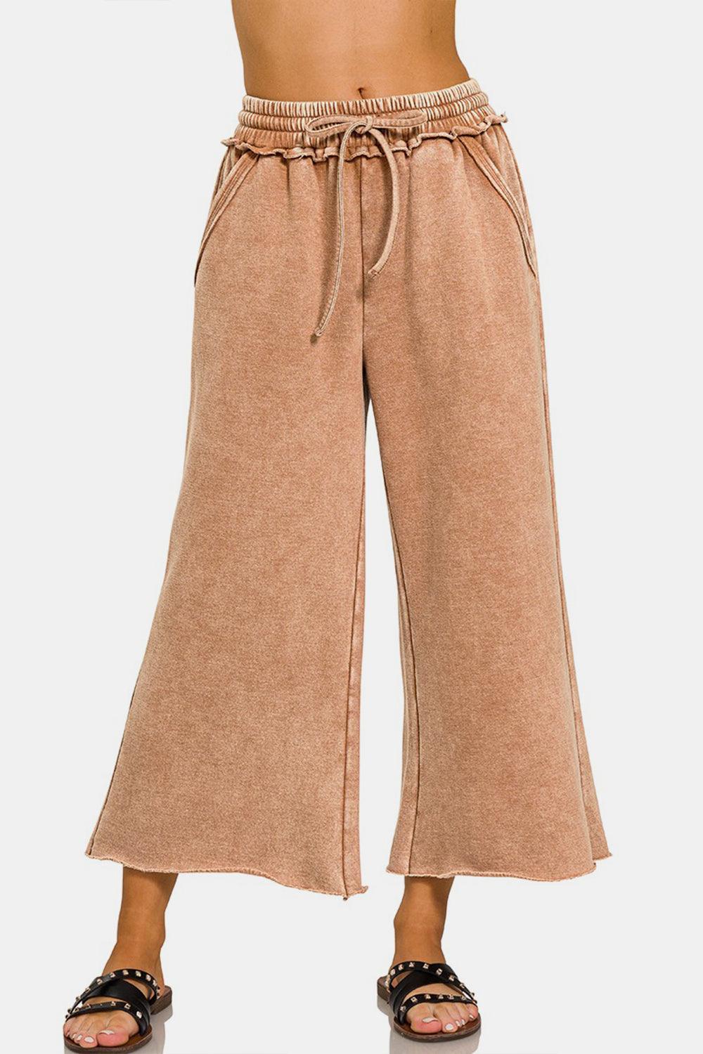 Zenana Acid Wash Fleece Wide Leg Pants ! - RUST - Women's Fashion - Women's Clothing - Bottoms - Leggings