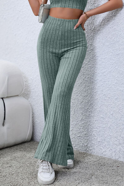 Basic Bae Full Size Ribbed High Waist Flare Pants ! - Fit4Goals.com