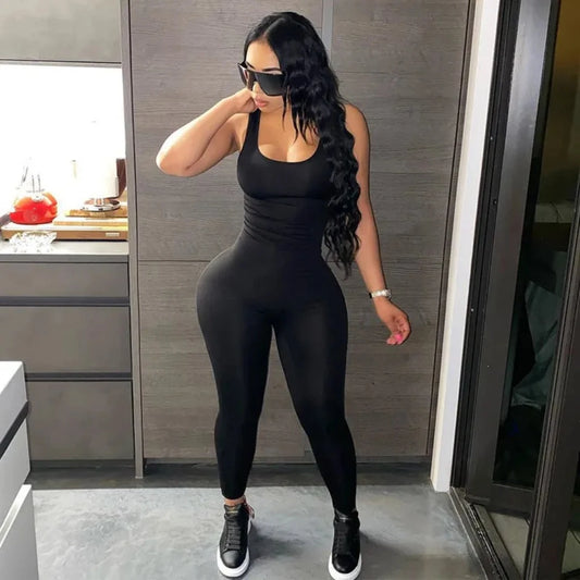 New Style Women's Sexy Skinny Jumpsuit | Black U-Neck Sleeveless Hollow Out Backless Romper | Casual Sportswear Jumpsuit for a Stylish Active Lifestyle - Fit4Goals.com