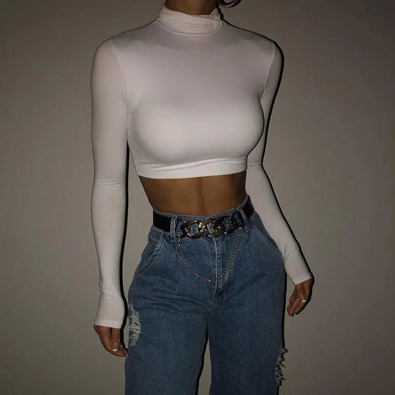 Basic Sheath Women Solid Turtleneck Tshirt Autumn Stretch Casual Undershirt Female All-match Street Activity Crop Tops - WHITE - top