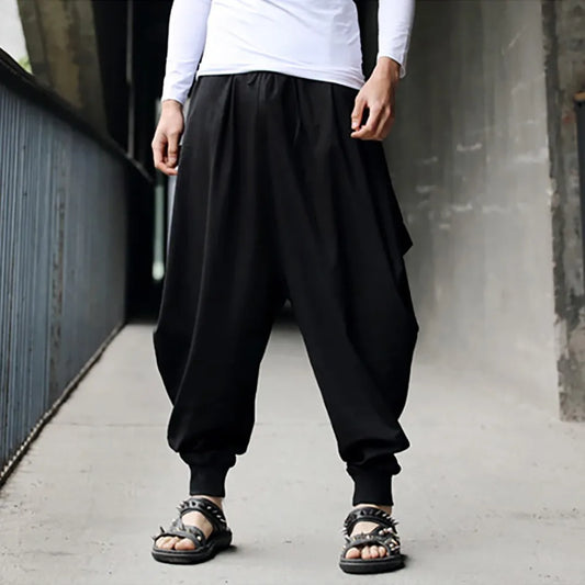 Men's Harem Pants Cotton Linen Festival Baggy Solid Trousers Retro Gypsy Pants Oversized Cross-pants Harajuku Japanese Pantalon - Fit4Goals.com