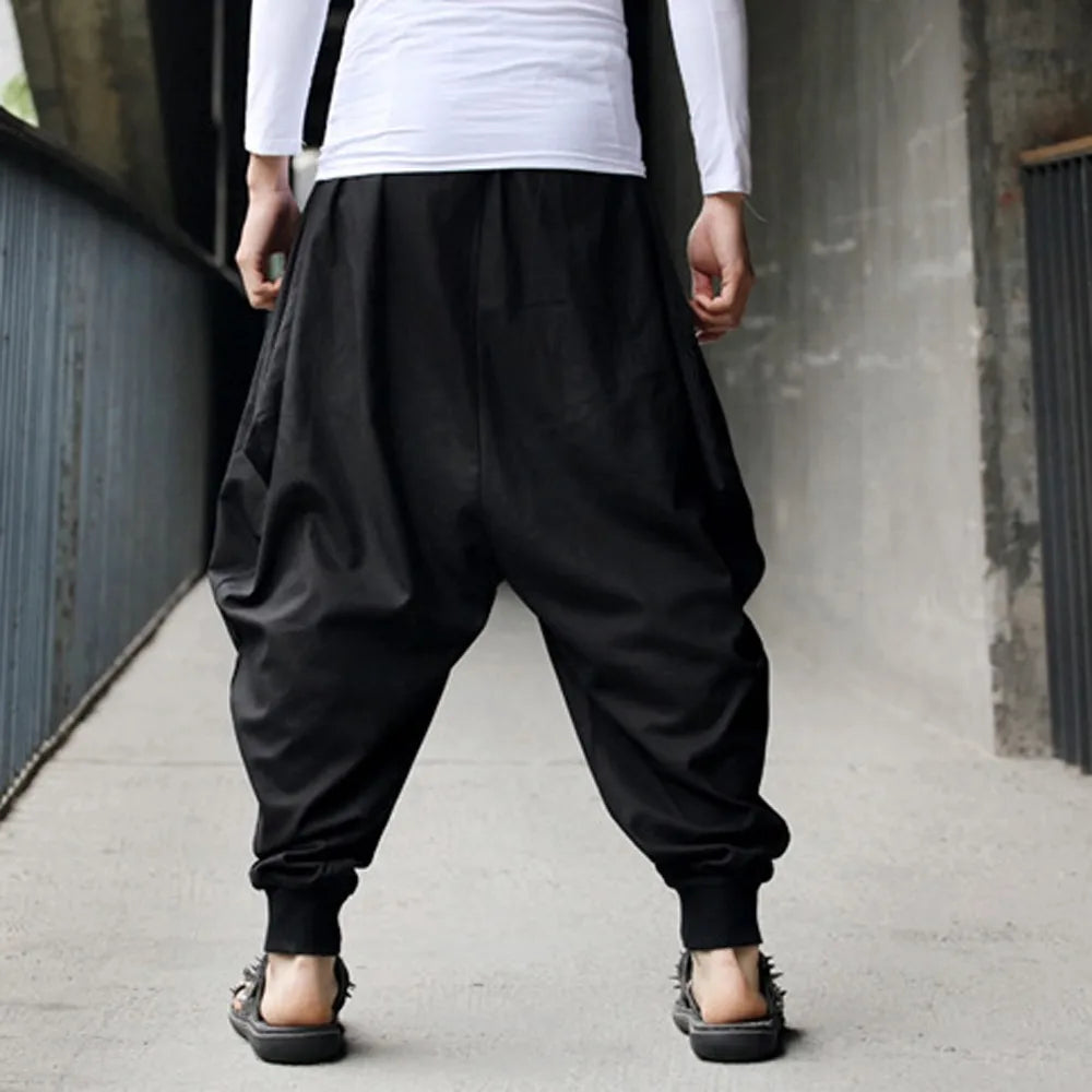 Men's Harem Pants Cotton Linen Festival Baggy Solid Trousers Retro Gypsy Pants Oversized Cross-pants Harajuku Japanese Pantalon - Fit4Goals.com