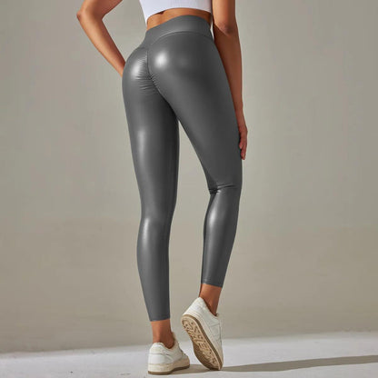 Sexy PU Leather Leggings Women Casual Pants Dance Leggings High Waist Yoga Pants Hips Push Up Gym Leggings Female Sports Pants - Grey - women's bottom