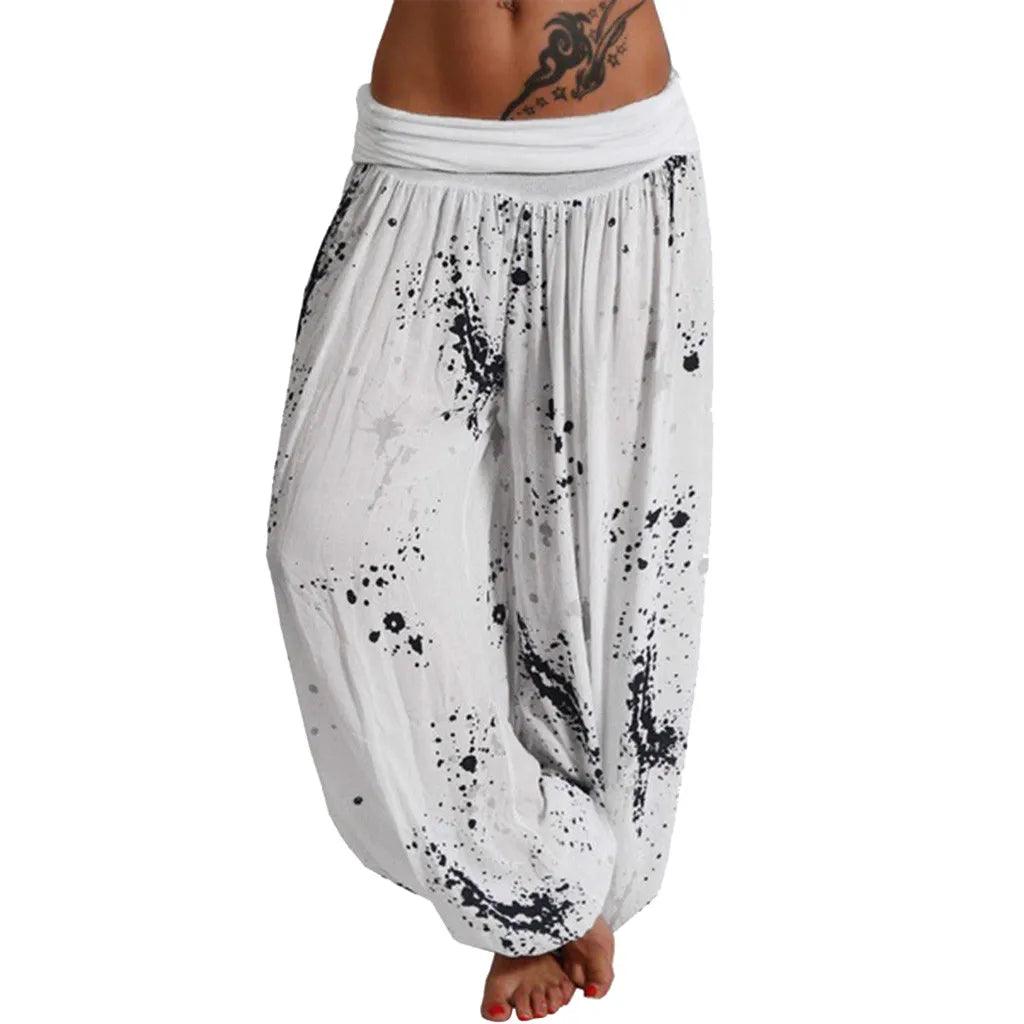 New Boho Wide Leg Pants Women Fashion Women Pant Casual Floral Printing Loose Pant Vintage Pilates Elastic Waist Trouser - - women's bottom