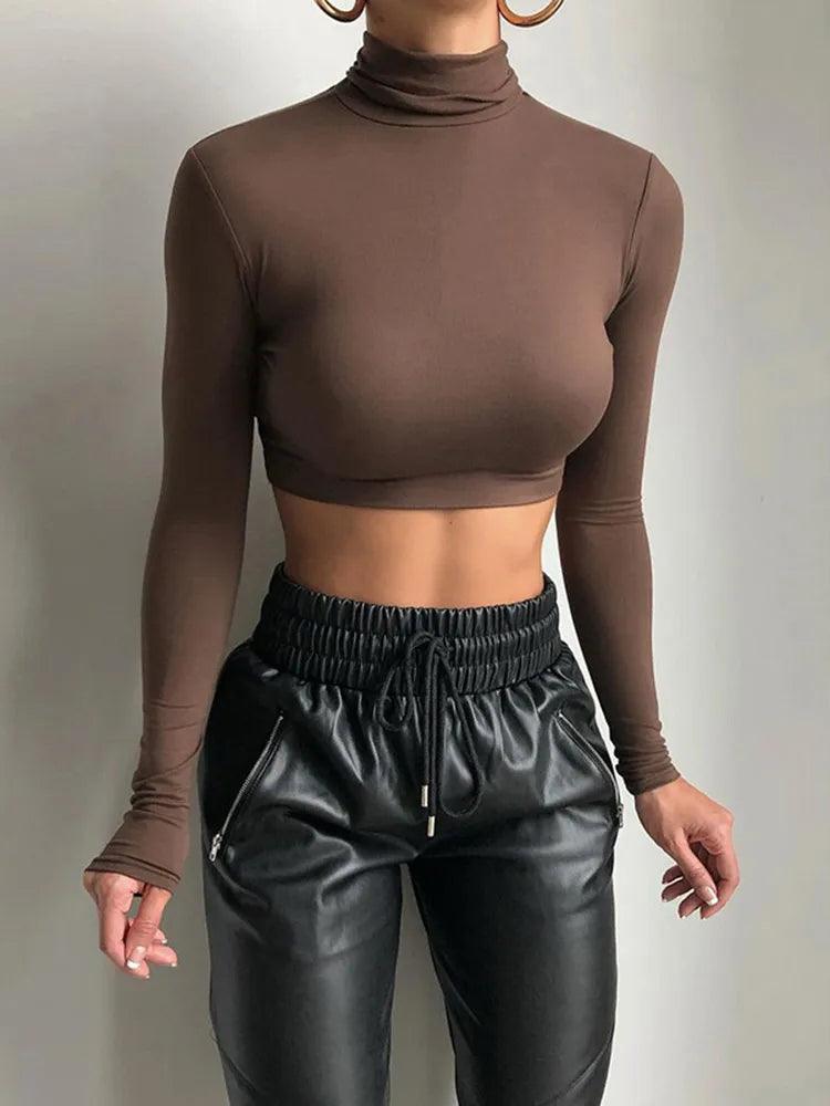 Basic Sheath Women Solid Turtleneck Tshirt Autumn Stretch Casual Undershirt Female All-match Street Activity Crop Tops - - top