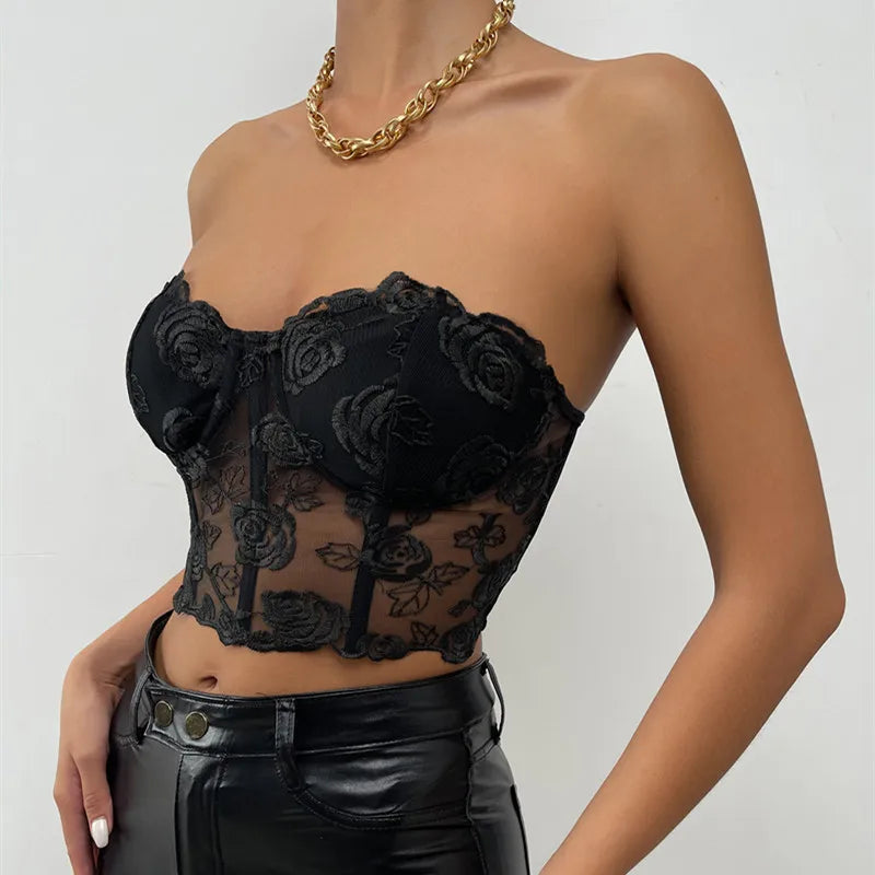 Yimunancy Strapless Crop Top Women Floral Backless Top Ladies Black Sexy Top Clubtwear - Fit4Goals.com