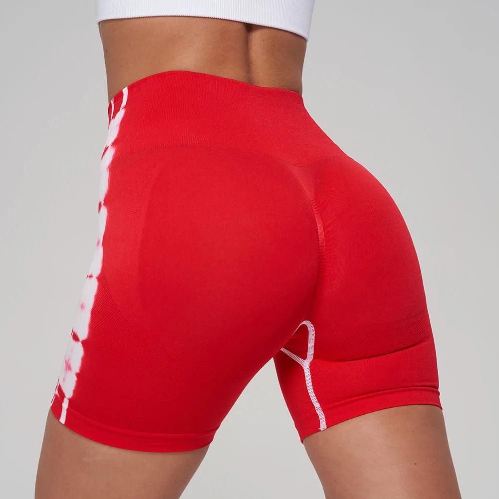 Seamless Tie Dye Sport Shorts For Women Summer Elastic Scrunch High Waist Push Up Tummy Control Gym Fitness Workout Yoga Shorts - SBB-Imperial Red - LEGGINGS