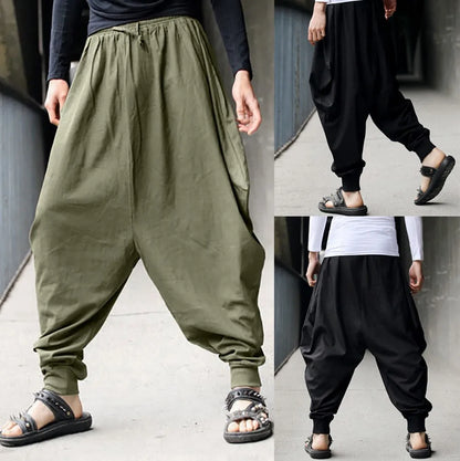 Men's Harem Pants Cotton Linen Festival Baggy Solid Trousers Retro Gypsy Pants Oversized Cross-pants Harajuku Japanese Pantalon - Fit4Goals.com