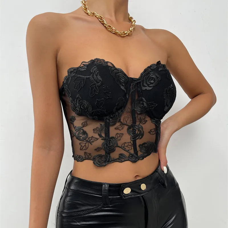 Yimunancy Strapless Crop Top Women Floral Backless Top Ladies Black Sexy Top Clubtwear - Fit4Goals.com